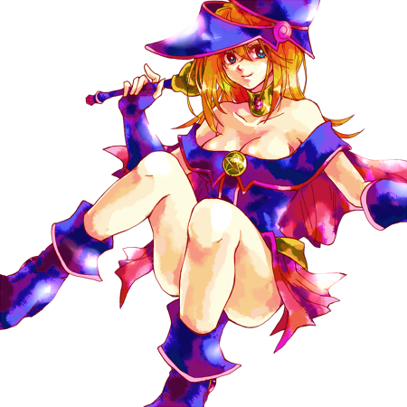 azm, dark magician girl, yu-gi-oh!, yu-gi-oh! duel monsters, bad id, bad pixiv id, lowres, 1girl, bare shoulders, blonde hair, blue boots, boots, detached sleeves, duel monster, gloves, green eyes, hat, long hair, pentacle, skirt, staff