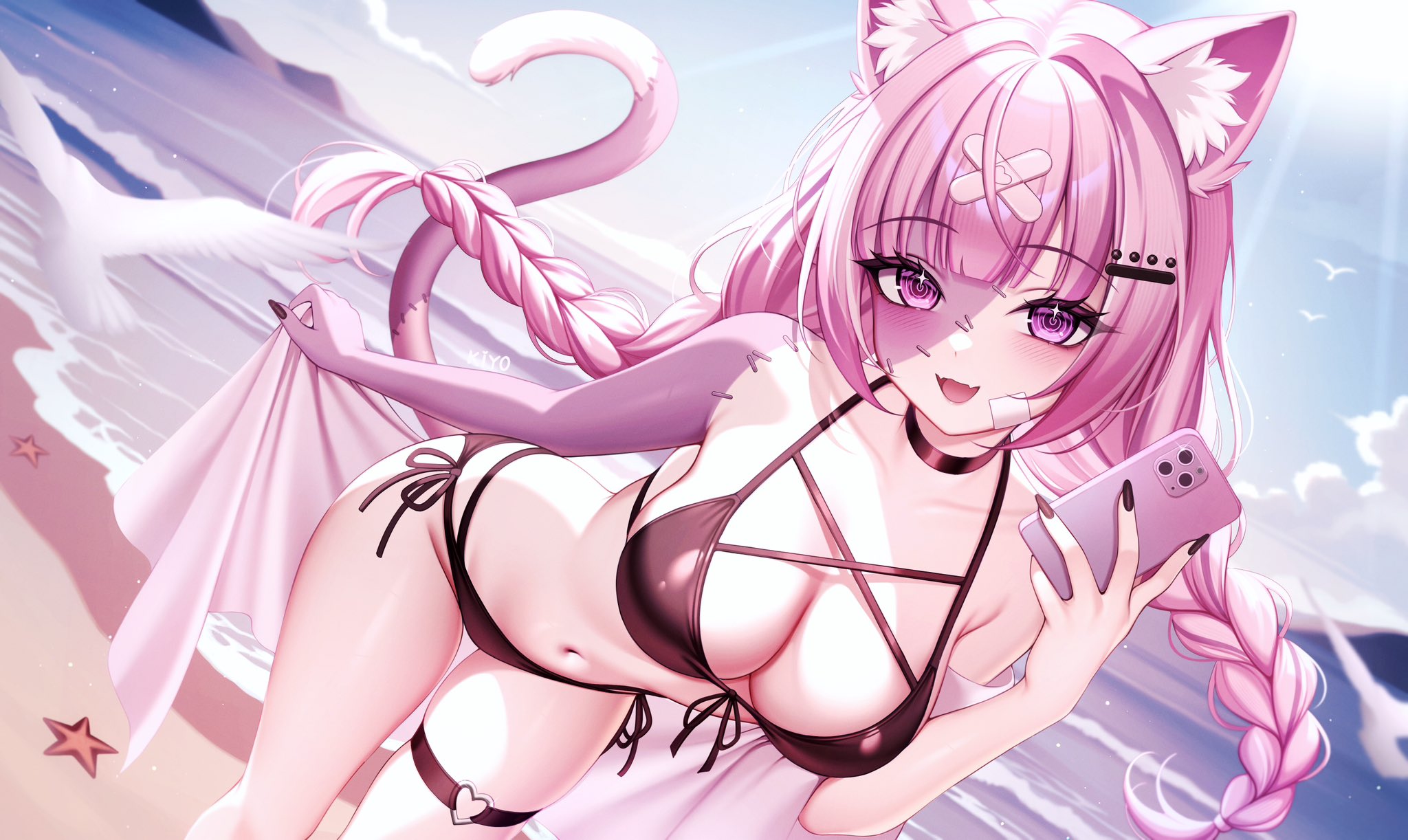 kiyochii, indie virtual youtuber, bad id, bad twitter id, commentary, english commentary, highres, 1girl, animal ears, beach, bent over, bikini, black bikini, black choker, braid, breasts, cat ears, cat girl, cat tail, choker, cleavage, day, front-tie bikini top, front-tie top, halterneck, heart, heart o-ring, holding, holding phone, large breasts, long hair, looking at viewer, multi-strapped bikini bottom, navel, o-ring, outdoors, phone, pink hair, side-tie bikini bottom, solo, standing, stitched arm, stitched face, stitches, stomach, string bikini, swimsuit, tail, thigh strap, thighs, twin braids, twintails, very long hair, virtual youtuber