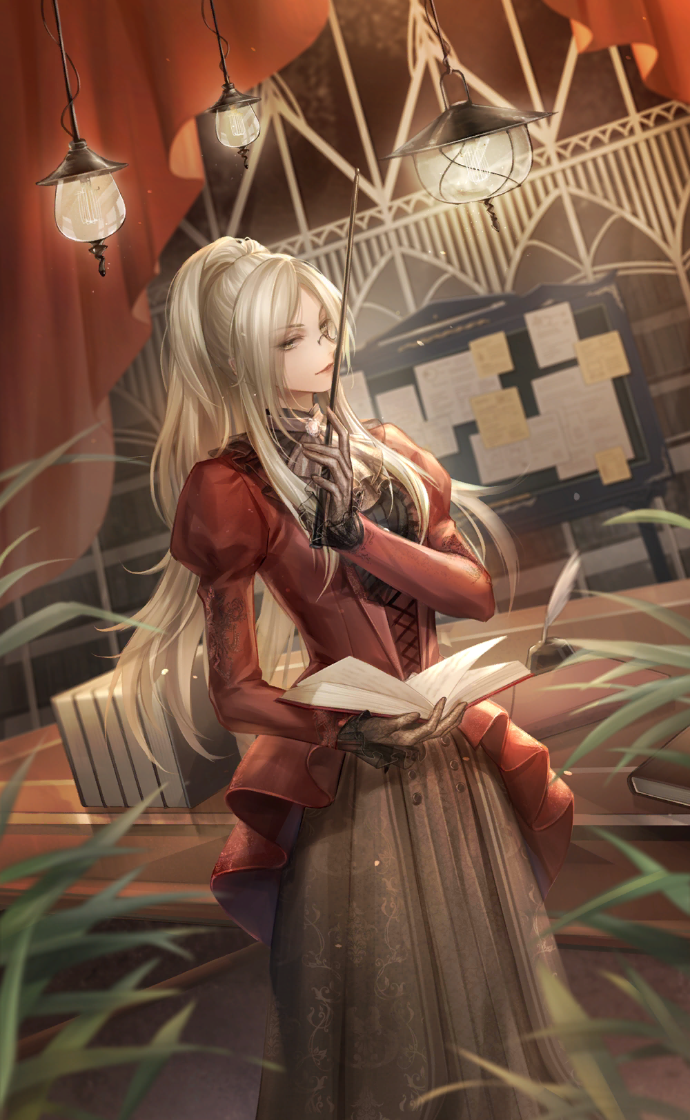 nikki (series), shining nikki, artist request, game cg, highres, official art, 1girl, ascot, bib collar, black-framed eyewear, black collar, black gloves, black skirt, blonde hair, book, brooch, brown eyes, bulletin board, closed mouth, collar, cowboy shot, cross-laced clothes, cross-laced top, curtains, dutch angle, eyelashes, frilled collar, frilled shirt, frilled sleeves, frills, glint, gloves, grey ascot, happy, high ponytail, holding, holding baton, holding book, indoors, inkwell, jewelry, juliet sleeves, light particles, lipstick, long hair, long skirt, long sleeves, looking at viewer, makeup, monocle, official alternate color, pink lips, plant, pleated skirt, pointy nose, ponytail, potted plant, puffy sleeves, quill, red shirt, round eyewear, sheila's discipline (shining nikki), shirt, sidelocks, skirt, sleeves past wrists, solo, stage, standing, teacher, very long hair, yellow brooch, zoey (shining nikki)