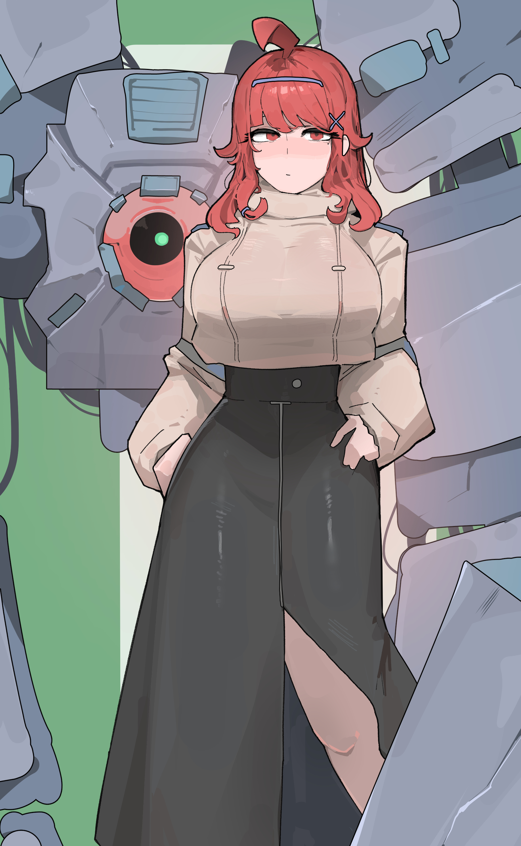 azz0422, original, absurdres, highres, 1girl, ahoge, black skirt, breasts, closed mouth, crop top, eyelashes, facing viewer, front slit, hair ornament, hairclip, hand on own hip, headband, high-waist skirt, huge breasts, knees, long hair, long skirt, long sleeves, messy hair, narrowed eyes, red eyes, red hair, sidelocks, skirt, solo, standing, sweater, turtleneck, turtleneck sweater, wide sleeves