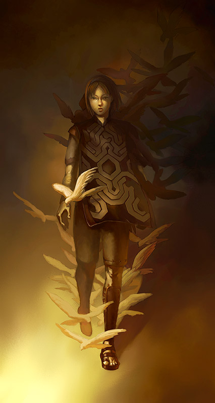 arakawa (pixiv209608), wander (shadow of the colossus), shadow of the colossus, 1boy, bird, brown hair, game console, hairband, male focus, playstation 2, poncho, sandals, short hair, solo, surcoat, tabard