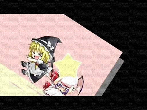 kirisame marisa, remilia scarlet, touhou, > <, 2girls, :o, apron, black dress, blonde hair, charisma guard, chibi, closed eyes, dress, female focus, full body, hat, multiple girls, open mouth, puffy short sleeves, puffy sleeves, short hair, short sleeves, star (symbol), waist apron, wince, witch hat