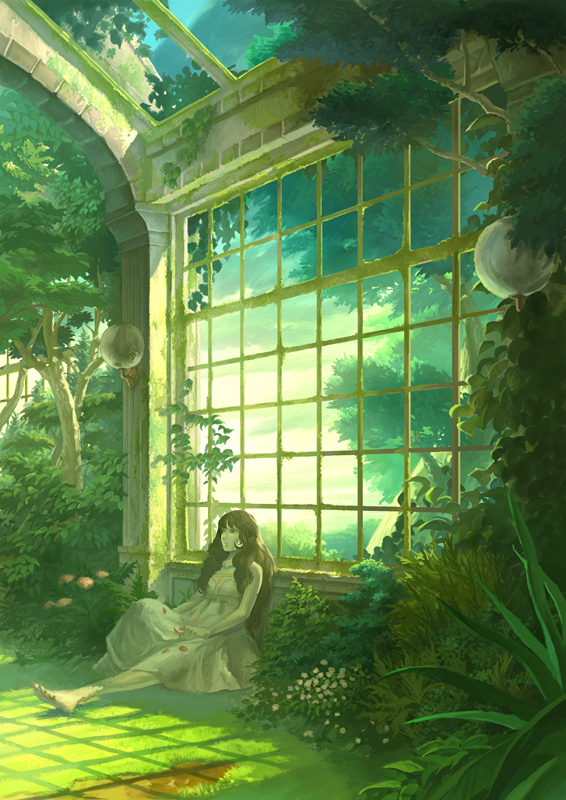 arakawa (pixiv209608), original, 1girl, architecture, barefoot, brown hair, dress, female focus, flower, grass, green theme, greenhouse, indoors, leaf, long hair, nature, overgrown, petals, plant, scenery, sitting, solo, tree, wide shot, window