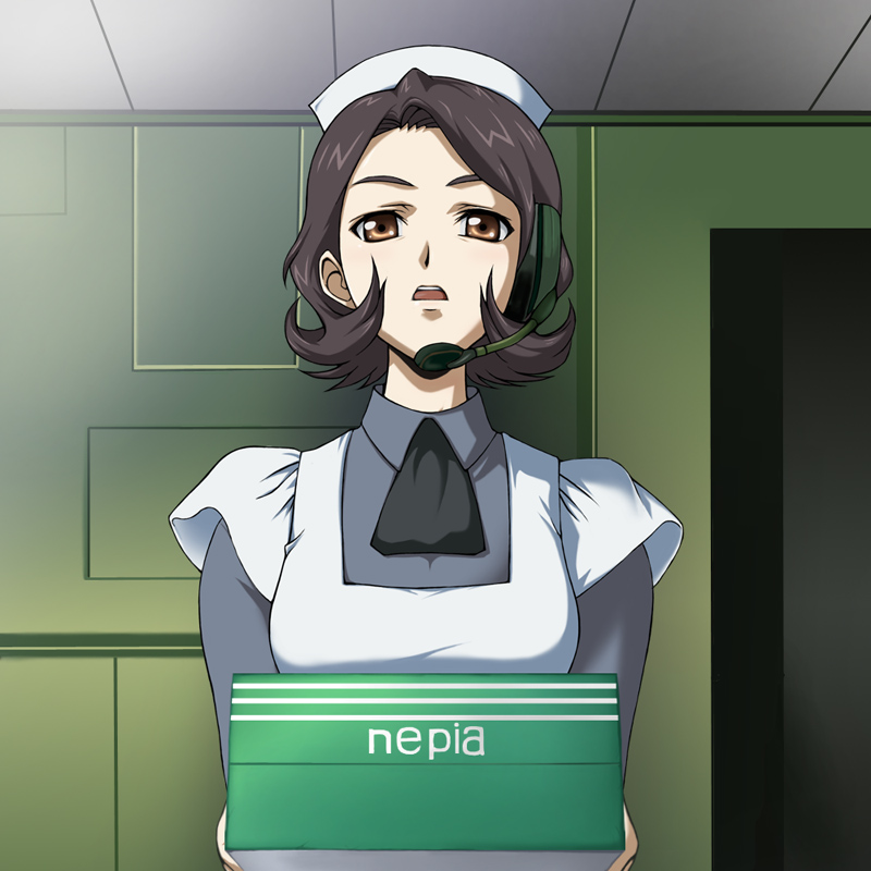 abriel00, shinozaki sayoko, code geass, 00s, 1girl, black hair, box, brown eyes, female focus, from below, headset, indoors, maid, solo