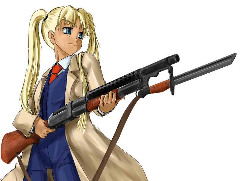 focke (artist), focke (pixiv54975), triela, gunslinger girl, 00s, 1girl, bayonet, blonde hair, blue eyes, blue suit, coat, dark-skinned female, dark skin, female focus, formal clothes, gun, long hair, necktie, pant suit, pants, pump action, red necktie, shirt, shotgun, solo, suit, trench coat, twintails, vest, waistcoat, weapon, white shirt, winchester model 1897
