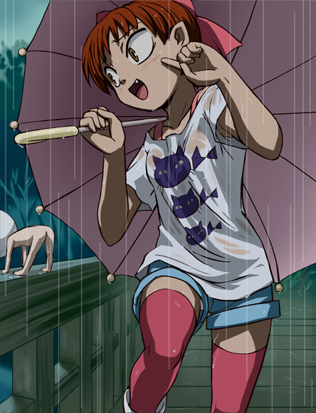 haruyama kazunori, medama oyaji, nekomusume, gegege no kitarou, toei company, 1girl, armpit peek, fang, hair ribbon, pink thighhighs, pointy ears, rain, ribbon, see-through clothes, shirt, short hair, shorts, thighhighs, umbrella, upshorts, wet, wet clothes, wet shirt