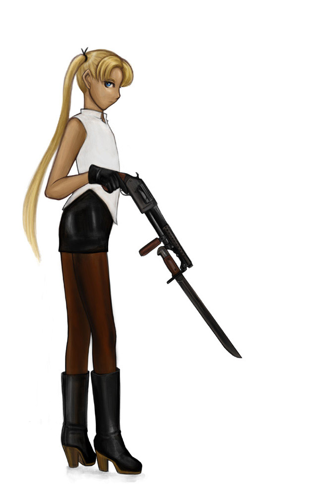 komii, triela, gunslinger girl, bad id, bad pixiv id, 00s, 1girl, bayonet, black boots, blonde hair, blue eyes, boots, dark-skinned female, dark skin, female focus, gloves, gun, long hair, pantyhose, pump action, shotgun, solo, twintails, weapon, winchester model 1897