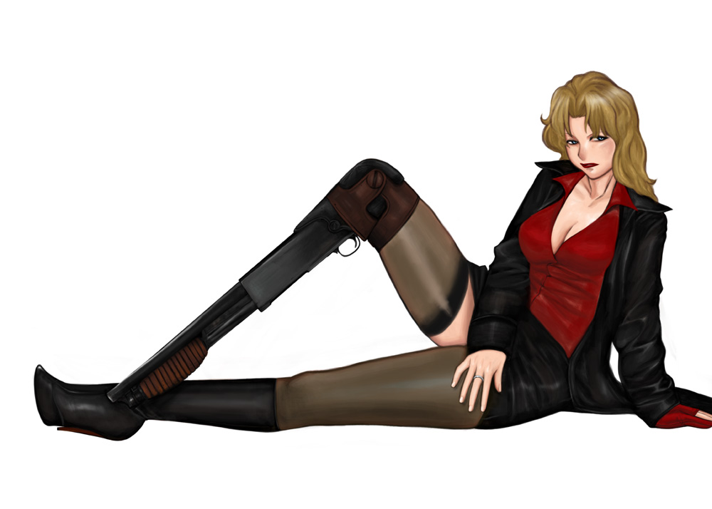 komii, bonnie (gunsmith cats), gunsmith cats, 1990s (style), 1girl, amputee, blonde hair, blue eyes, breasts, cleavage, female focus, gloves, gun, jacket, jewelry, long hair, pencil skirt, prosthesis, retro artstyle, ring, shotgun, single glove, skirt, solo, thighhighs, weapon