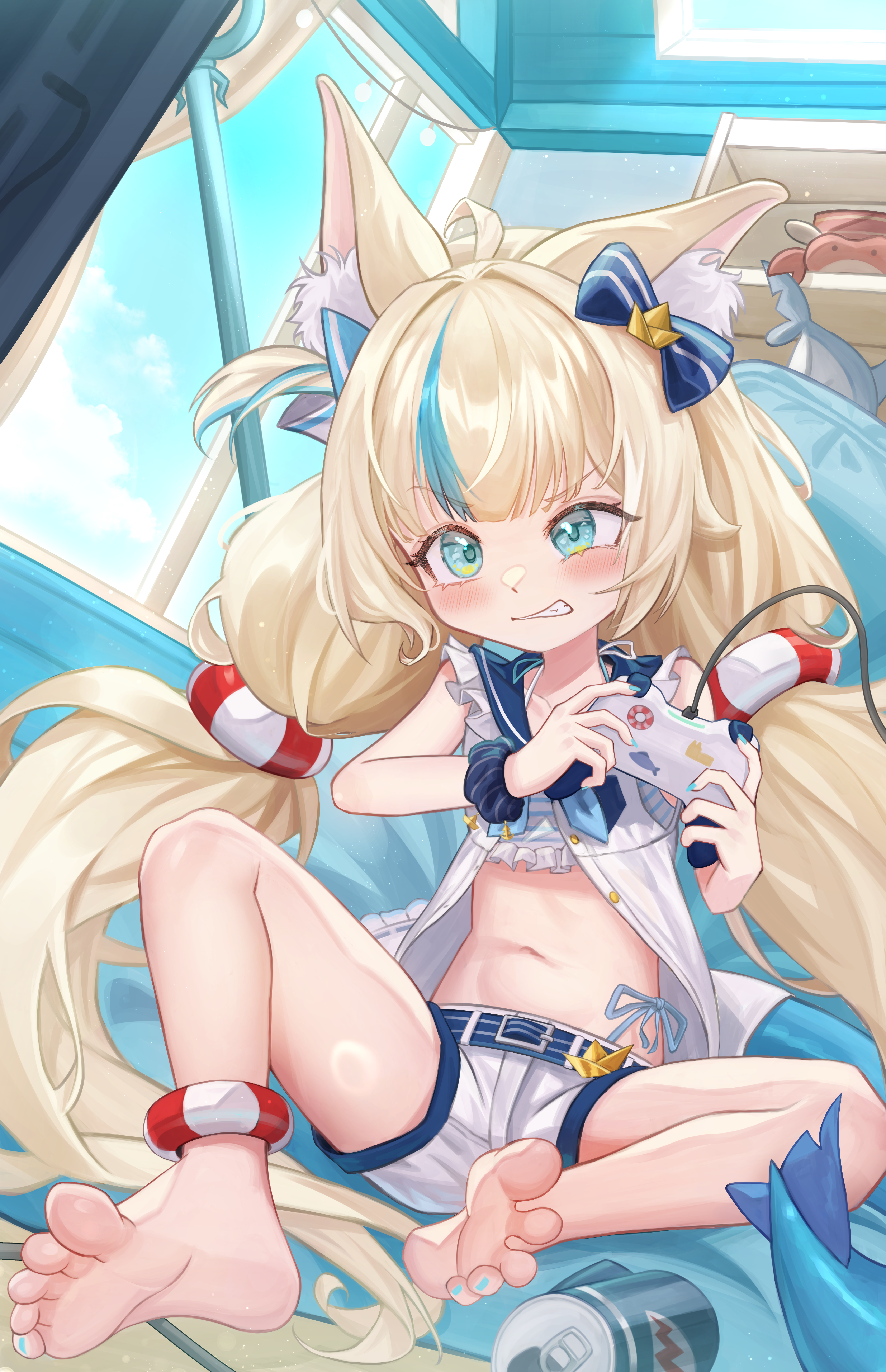kunku (youn4431), kaniki (sameko saba), sameko saba, indie virtual youtuber, absurdres, commentary, english commentary, highres, 1girl, ahoge, animal ear fluff, animal ears, barefoot, belt, belt buckle, blonde hair, blue belt, blue eyes, blue nails, blue sky, blue streaks, blush, buckle, can, cat ears, clenched teeth, cloud, controller, crab, day, dress, feet, fins, fish girl, fish tail, flat chest, frilled sailor collar, frills, game controller, holding, holding controller, holding game controller, indoors, lifebuoy anklet, lifebuoy hair ornament, long hair, low twintails, midriff, multicolored hair, navel, one side up, open clothes, open dress, paper boat, playing games, polearm, sailor collar, shark print, short shorts, shorts, sitting, sky, soles, solo, streaked hair, tail, teeth, toes, trident, twintails, v-shaped eyebrows, very long hair, virtual youtuber, weapon, white dress, white shorts, window