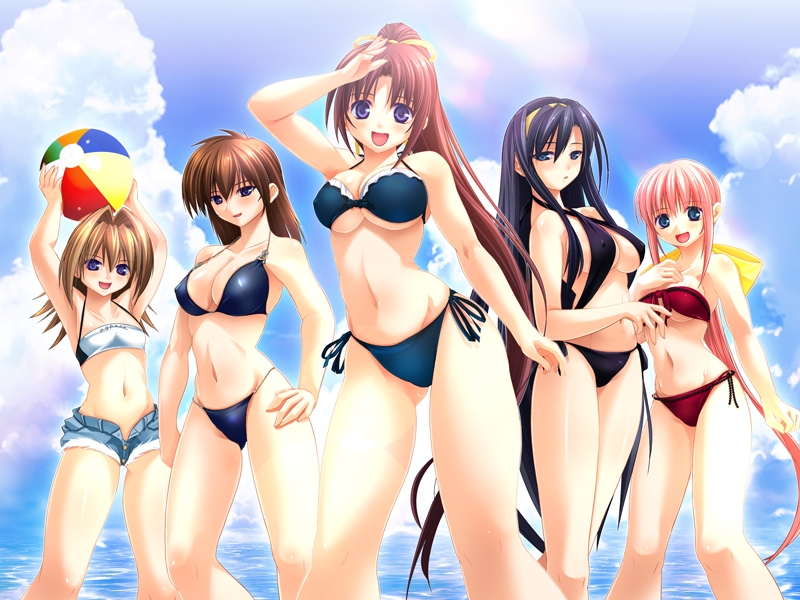 shinonome kazuhiko, hirasawa kazumi, kirishima mizuki, kirishima satsuki, shirakawa saori, shirakawa yui, aneimo, game cg, non-web source, 00s, 5girls, armpits, arms up, ball, beachball, bikini, black hair, blue eyes, breasts, brown hair, cleavage, cloud, covered erect nipples, day, denim, denim shorts, flat chest, large breasts, long hair, multiple girls, ocean, outdoors, pink hair, ponytail, purple eyes, ribbon, shorts, siblings, side-tie bikini bottom, sisters, sky, swimsuit, underboob, very long hair, water