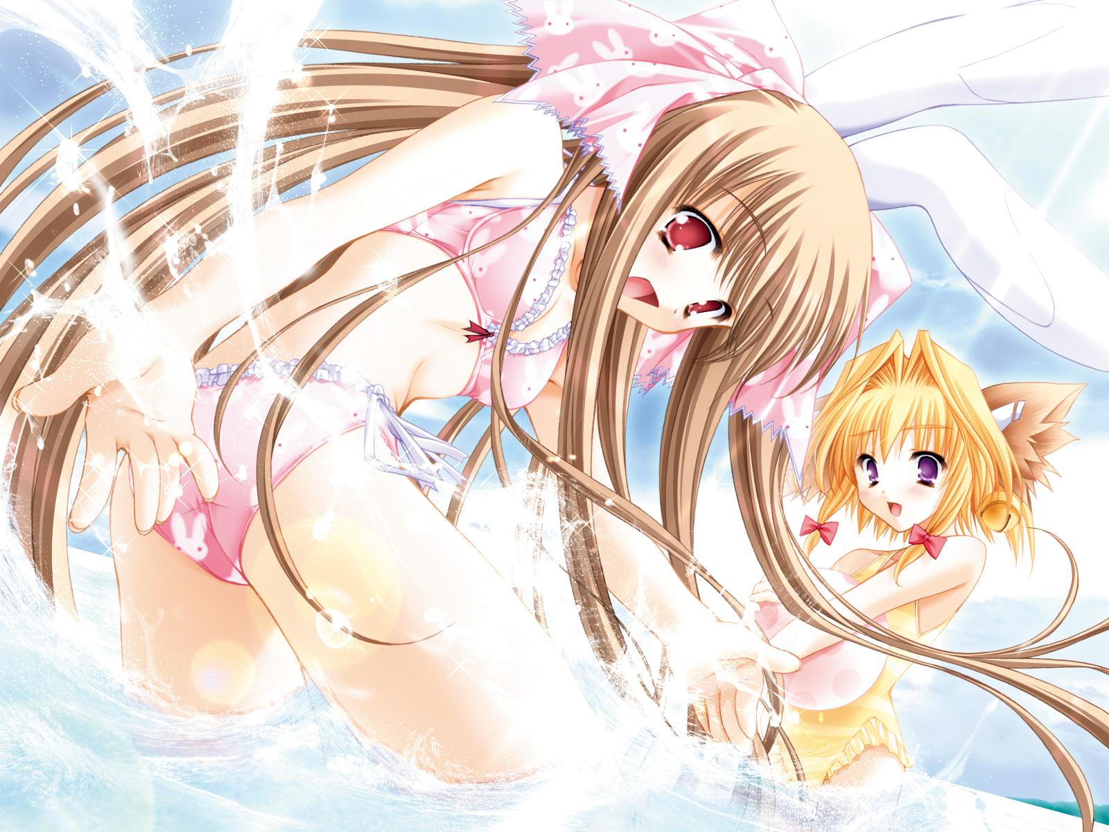 moekibara fumitake, piz, run (purism egoist), purism egoist, game cg, highres, jpeg artifacts, 2girls, animal ears, ball, beachball, bikini, blonde hair, brown hair, day, fox ears, long hair, multiple girls, one-piece swimsuit, purple eyes, rabbit ears, red eyes, side-tie bikini bottom, sky, splashing, striped clothes, striped one-piece swimsuit, swimsuit, very long hair, wading, water