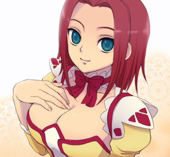 plum (arch), kouzuki kallen, code geass, breast hold, 00s, 1girl, blue eyes, bow, bowtie, breasts, cleavage, dress, female focus, huge breasts, large breasts, red hair, short hair, smile, solo