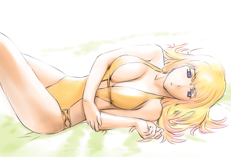 ueyama michirou, sheryl nome, macross, macross frontier, 00s, 1girl, blonde hair, breasts, female focus, large breasts, long hair, lying, one-piece swimsuit, sideboob, solo, swimsuit