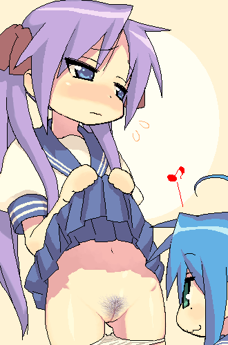 hijiri rei, hiiragi kagami, izumi konata, lucky star, lowres, 00s, 2girls, :3, blue eyes, blue hair, blush, clothes lift, female pubic hair, lifting own clothes, long hair, looking at pussy, mole, mole under eye, multiple girls, musical note, oekaki, panties, panty pull, pubic hair, purple hair, pussy, ribbon, school uniform, serafuku, skirt, skirt lift, twintails, uncensored, underwear, yuri