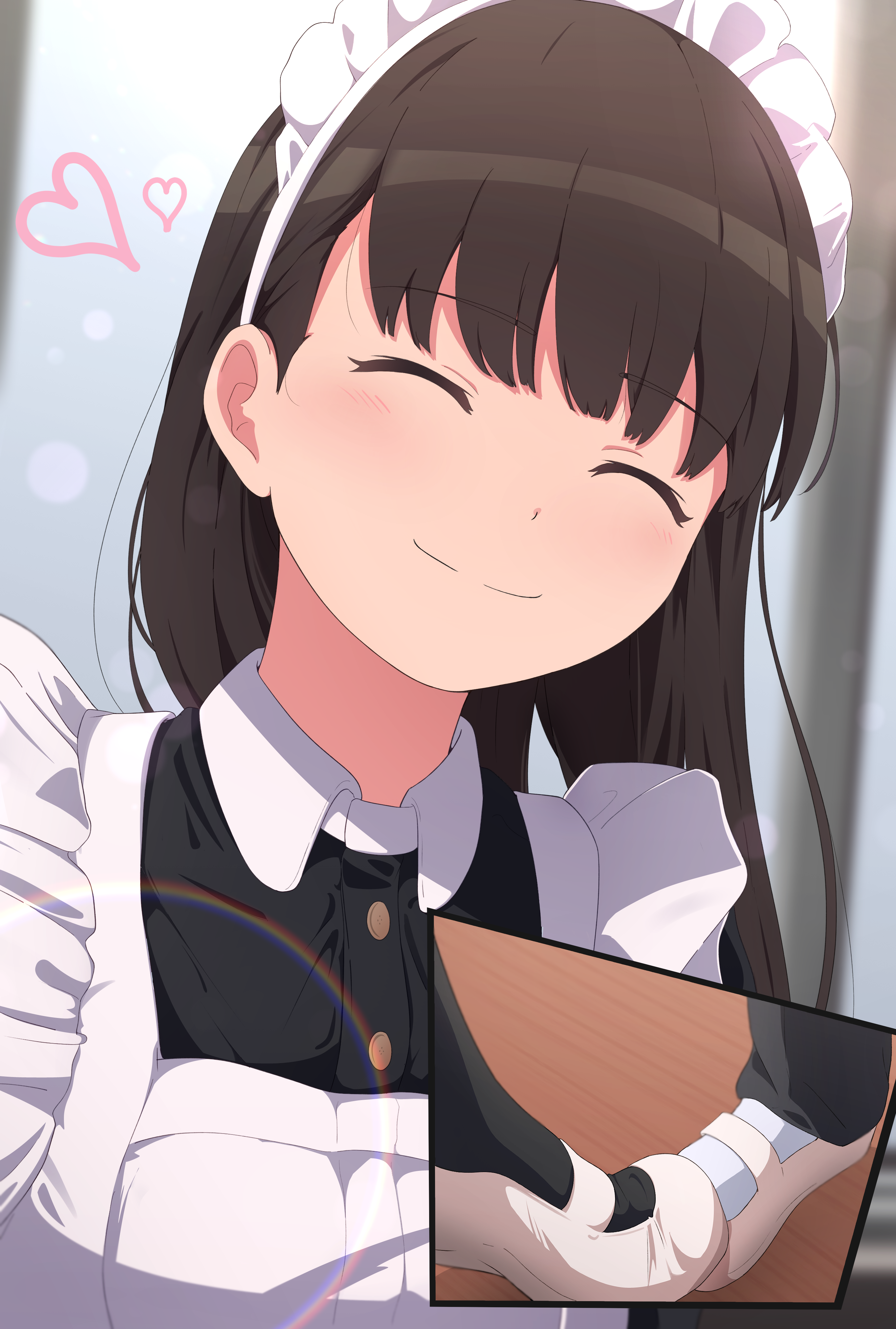 kagari ds, ayatsuji tsukasa, amagami, absurdres, commentary request, highres, 1girl, alternate costume, apron, black hair, black shirt, blunt bangs, closed eyes, closed mouth, collared shirt, enmaided, frilled apron, frills, heart, long hair, maid, maid apron, maid headdress, shirt, shoes, stepping on another's foot, straight hair, upper body, uwabaki, white apron