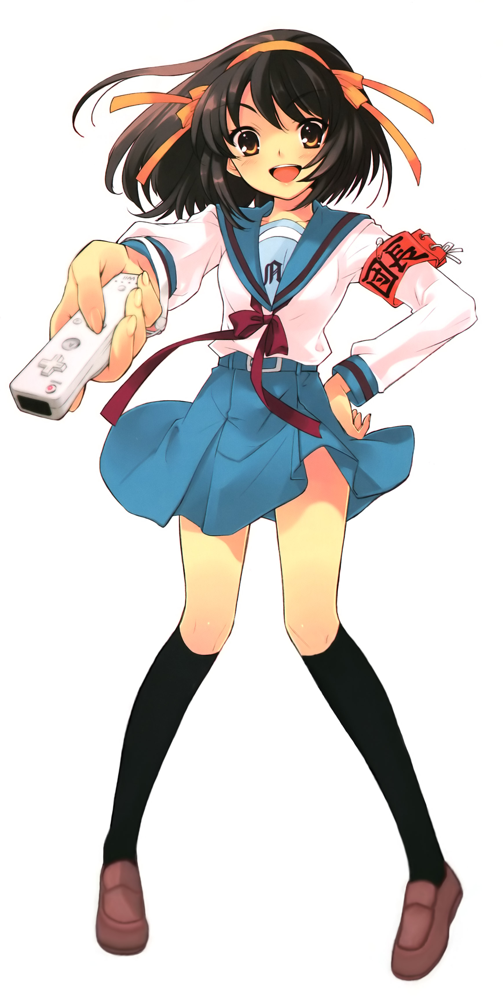 ito noizi, suzumiya haruhi, suzumiya haruhi no yuuutsu, absurdres, highres, 00s, 1girl, armband, controller, female focus, game controller, playing games, school uniform, serafuku, socks, solo, video game, wii remote