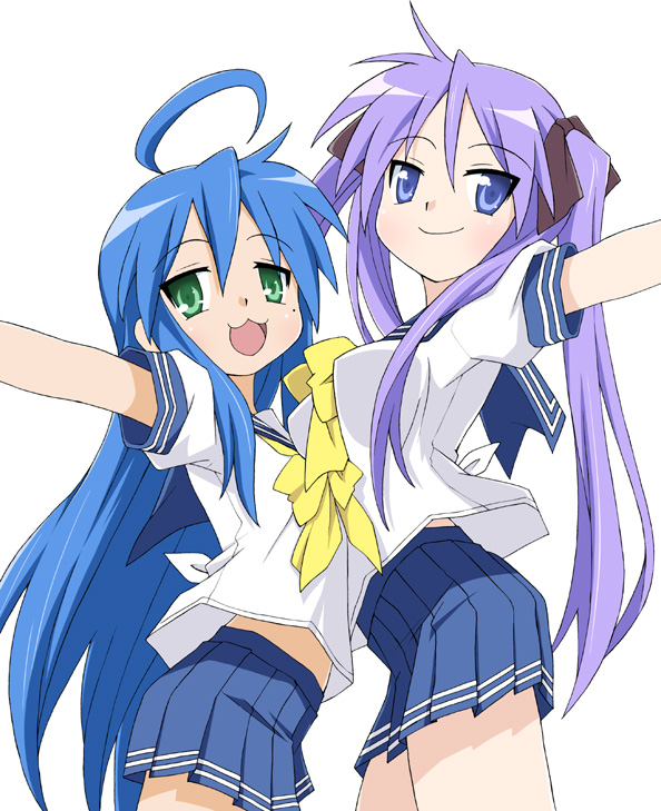 eunos, hiiragi kagami, izumi konata, lucky star, plaid, 00s, 2girls, :3, :d, ahoge, blue hair, blue skirt, blush, bow, bowtie, breasts, closed mouth, cowboy shot, from below, green eyes, long hair, looking at viewer, medium breasts, miniskirt, mole, mole under eye, multiple girls, open mouth, outstretched arm, pink hair, purple eyes, school uniform, serafuku, shirt, short sleeves, simple background, skirt, smile, standing, straight hair, tsurime, very long hair, white background, white shirt, yellow bow, yellow bowtie