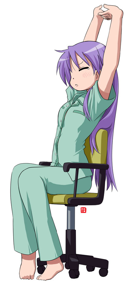nagian, hiiragi kagami, lucky star, 00s, 1girl, arms up, barefoot, chair, female focus, full body, pajamas, simple background, solo, stretching, white background