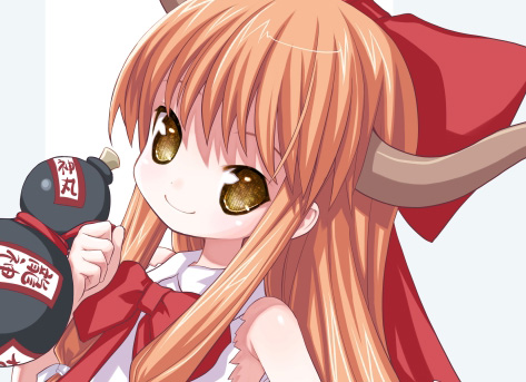 kiira, ibuki suika, touhou, lowres, 1girl, bottle, bow, bowtie, brown eyes, closed mouth, female focus, gourd, hair bow, horns, long hair, looking at viewer, ofuda, orange hair, red bow, red bowtie, simple background, sleeveless, smile, solo, very long hair, white background, yellow eyes