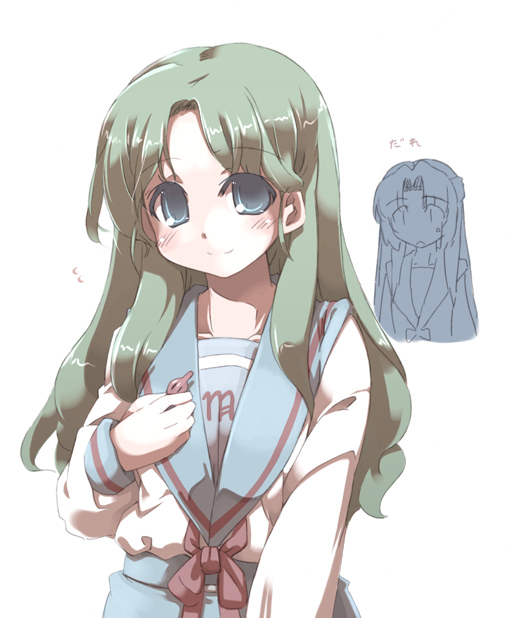 tokyo (great akuta), asakura ryoko, kimidori emiri, suzumiya haruhi no yuuutsu, 00s, green hair, long hair, school uniform, serafuku