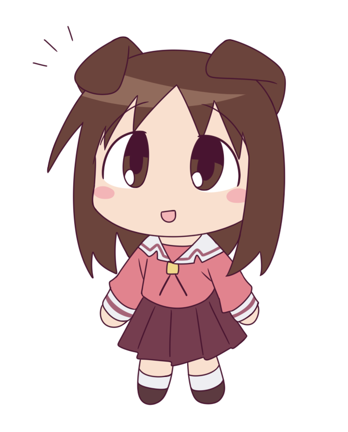 farhan melukis, kasuga ayumu, azumanga daiou, 1girl, :d, animal ears, azumanga daioh's school uniform, blush, brown eyes, brown hair, brown shoes, chibi, chibi only, dog ears, dog girl, flat color, open mouth, pink shirt, sailor collar, school uniform, shirt, shoes, simple background, smile, socks, striped sleeve cuffs, white background, white sailor collar, white sleeve cuffs, white socks