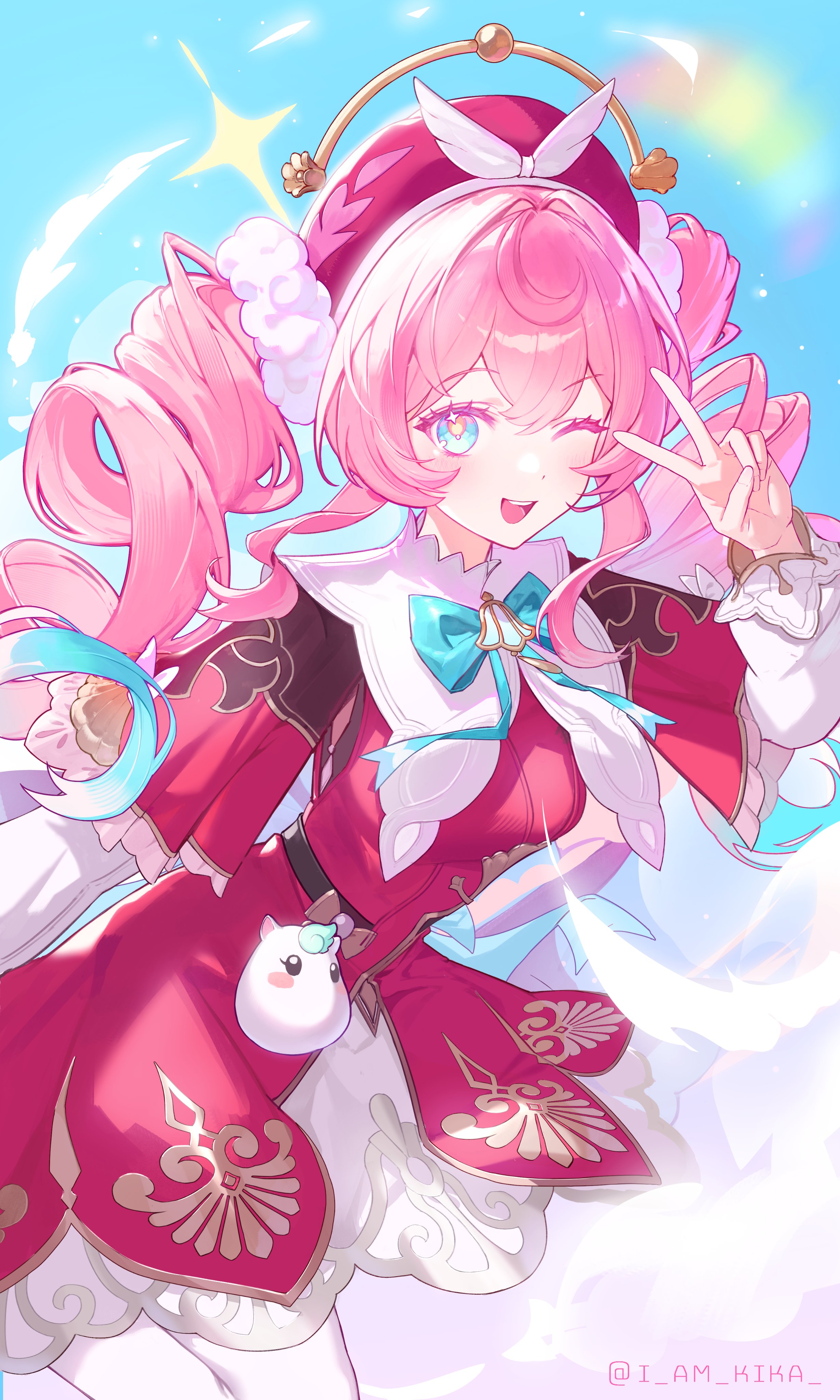 hyacine (honkai: star rail), honkai: star rail, honkai (series), absurdres, commentary, highres, symbol-only commentary, 1girl, blue eyes, blue hair, breasts, dress, gradient hair, hat, i am kika, looking at viewer, medium breasts, multicolored hair, one eye closed, open mouth, pink dress, pink hat, rainbow, short hair, short twintails, skirt, smile, solo, twintails, twitter username, v