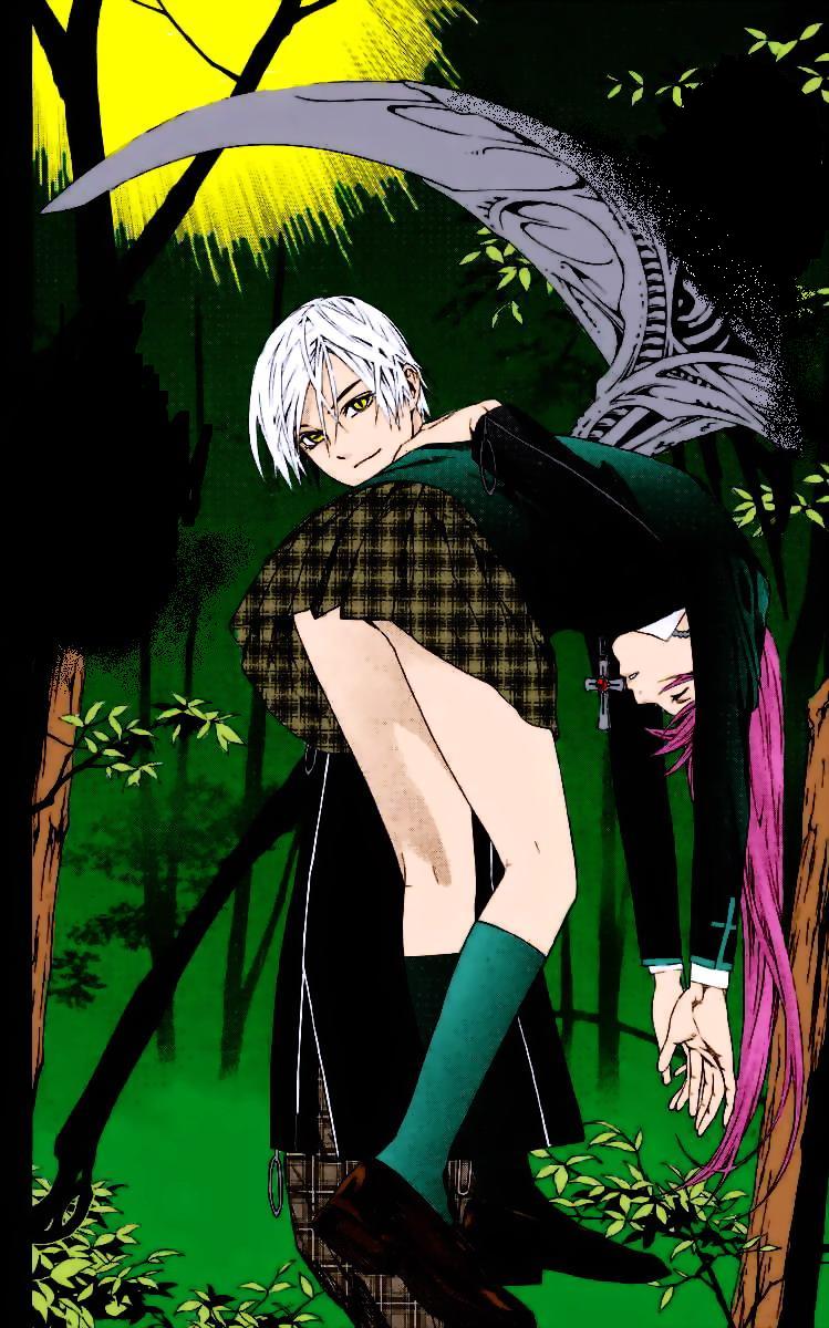 akashiya moka, yoshii kiria, rosario+vampire, highres, jpeg artifacts, 00s, 1boy, 1girl, bent over, closed eyes, cross, kneehighs, long hair, outdoors, pink hair, scythe, short hair, socks, tree, white hair, yellow eyes