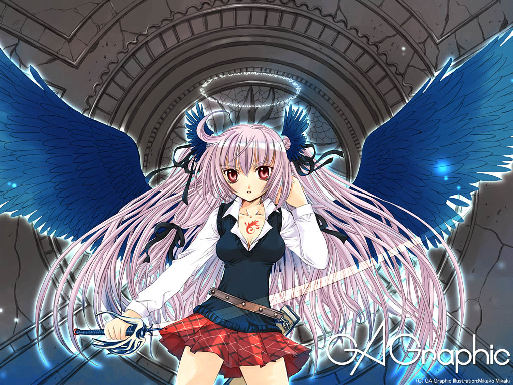 mikaki mikako, gagraphic, 1girl, breasts, cleavage, female focus, halo, large breasts, long hair, pink hair, purple hair, red eyes, ribbon, skirt, solo, sword, tattoo, very long hair, weapon, wings