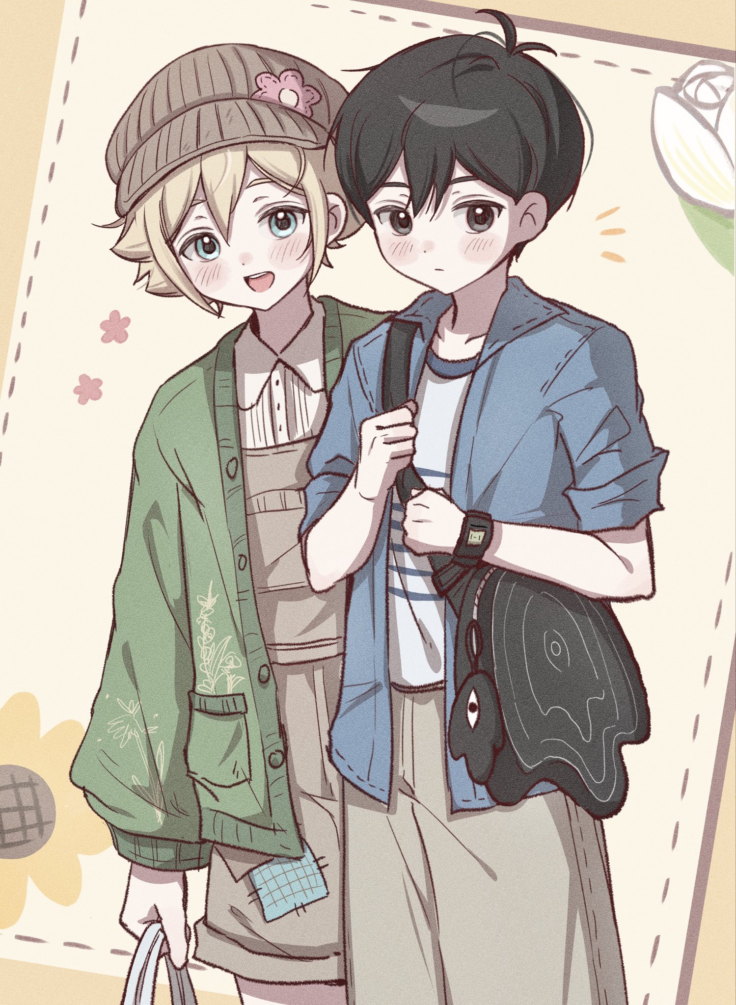 basil (birthday) (omori), basil (faraway) (omori), basil (omori), something (omori), sunny (birthday) (omori), sunny (omori), omori, highres, 2boys, antenna hair, bag, bag charm, black eyes, black hair, blonde hair, blue eyes, blue jacket, blush, brown hat, brown overalls, brown pants, cardigan, character bag, character charm, charm (object), closed mouth, collarbone, collared jacket, collared shirt, double-parted bangs, green cardigan, hair between eyes, hat, holding, holding bag, jacket, long sleeves, looking at viewer, male focus, multiple boys, newsboy cap, open mouth, overall shorts, overalls, pants, shirt, short-sleeved jacket, short hair, short sleeves, sidelocks, smile, t-shirt, teeth, upper teeth only, white shirt, wktdms1