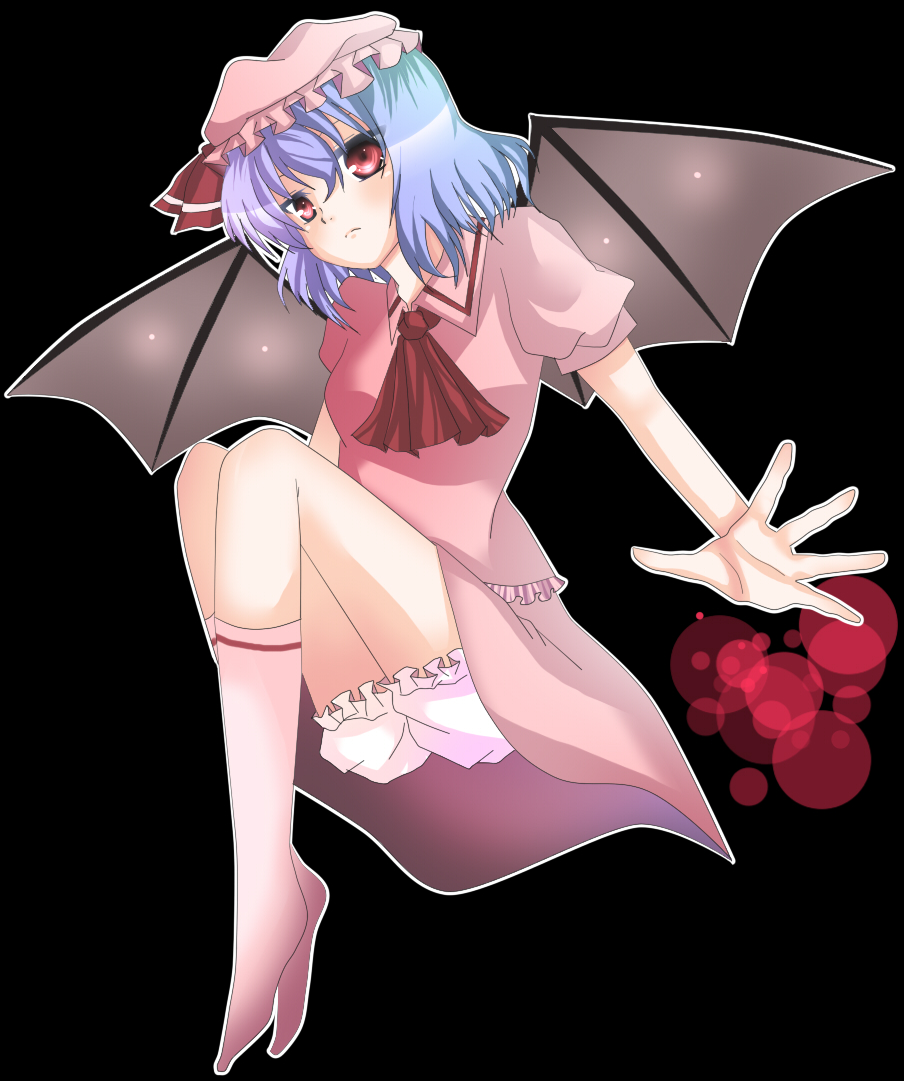 uranaishi (miraura), mirage, remilia scarlet, touhou, bad id, bad pixiv id, 1girl, bat wings, blue hair, female focus, red eyes, solo, wings