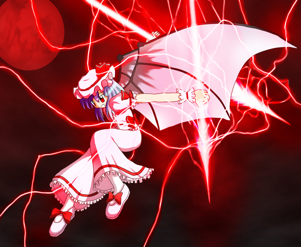 k suke, remilia scarlet, touhou, 1girl, bat wings, blue hair, female focus, full body, gradient background, hat, moon, red eyes, red moon, solo, wings