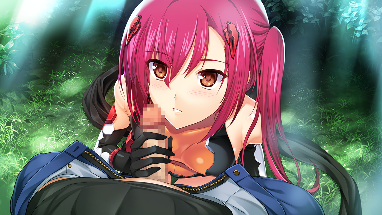 onigirikun, choukou (alicesoft), choukou shinki ixseal, game cg, non-web source, official art, variant set, 1boy, 1girl, black gloves, black shirt, blue pants, blush, breasts, brown eyes, censored, covered erect nipples, day, elbow gloves, from above, gloved handjob, gloves, grass, hair between eyes, hair ornament, handjob, heart, heart-shaped pupils, hetero, houshou kirika, imminent fellatio, kneeling, kyriel, leotard, long hair, looking at viewer, looking up, magical girl, mosaic censoring, nature, open fly, orange leotard, outdoors, pants, parted lips, penis, penis out, pov, red hair, shirt, side ponytail, small breasts, smile, solo focus, sunlight, symbol-shaped pupils, twintails, very long hair