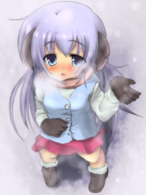 hanyuu, higurashi no naku koro ni, 00s, blue eyes, breath, horns, purple hair, scarf, snow, solo