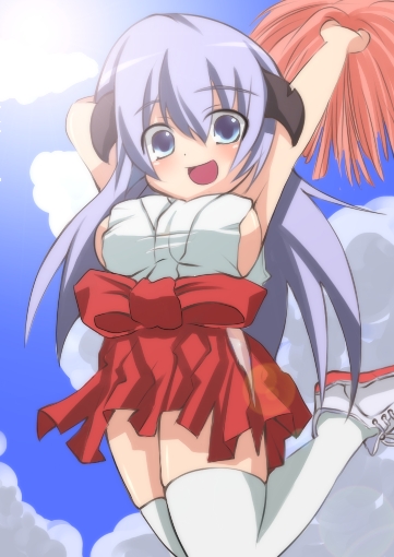 hanyuu, higurashi no naku koro ni, 00s, 1girl, adapted uniform, alternate breast size (larger), armpits, blue eyes, breasts, cheerleader, cloud, day, female focus, hakama, hakama skirt, horns, huge breasts, japanese clothes, jumping, miko, pom pom (cheerleading), purple hair, red hakama, sideboob, skirt, sky, solo, thighhighs