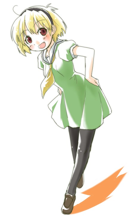 mozu (piyo), houjou satoko, higurashi no naku koro ni, 00s, 1girl, blonde hair, fang, female focus, hairband, headband, pantyhose, red eyes, school uniform, serafuku, short hair, solo
