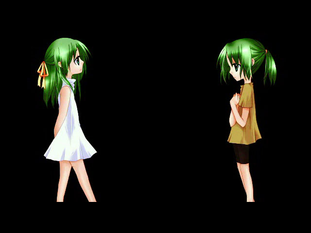 ico (pekoguest), sonozaki mion, sonozaki shion, higurashi no naku koro ni, 00s, 2girls, aged down, black background, dark, green eyes, green hair, half updo, multiple girls, ribbon, siblings, sisters, twins