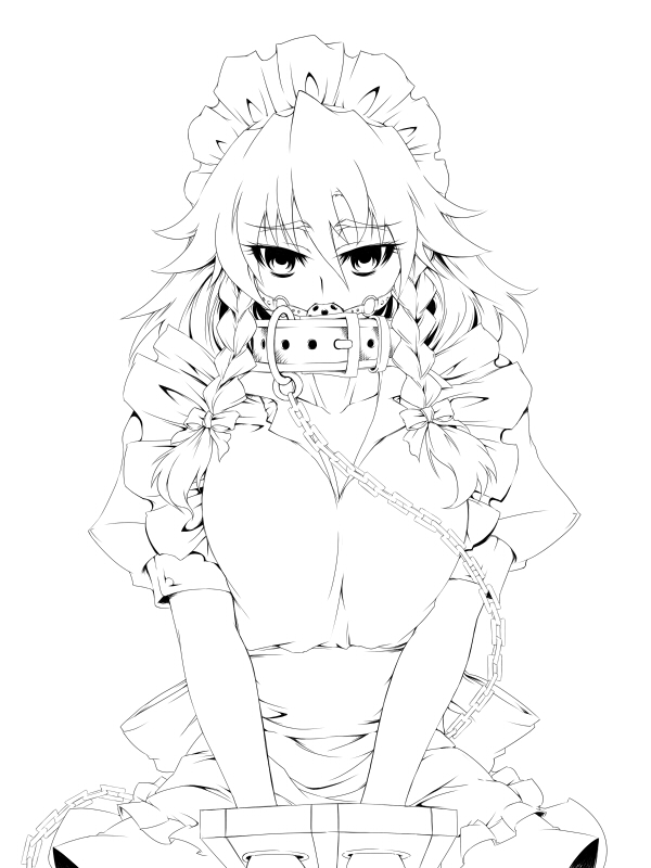 tajima yuuki, izayoi sakuya, touhou, 1girl, ball gag, bdsm, bondage, bound, breasts, collar, female focus, gag, gagged, greyscale, large breasts, maid, monochrome, solo, stocks, wiffle gag