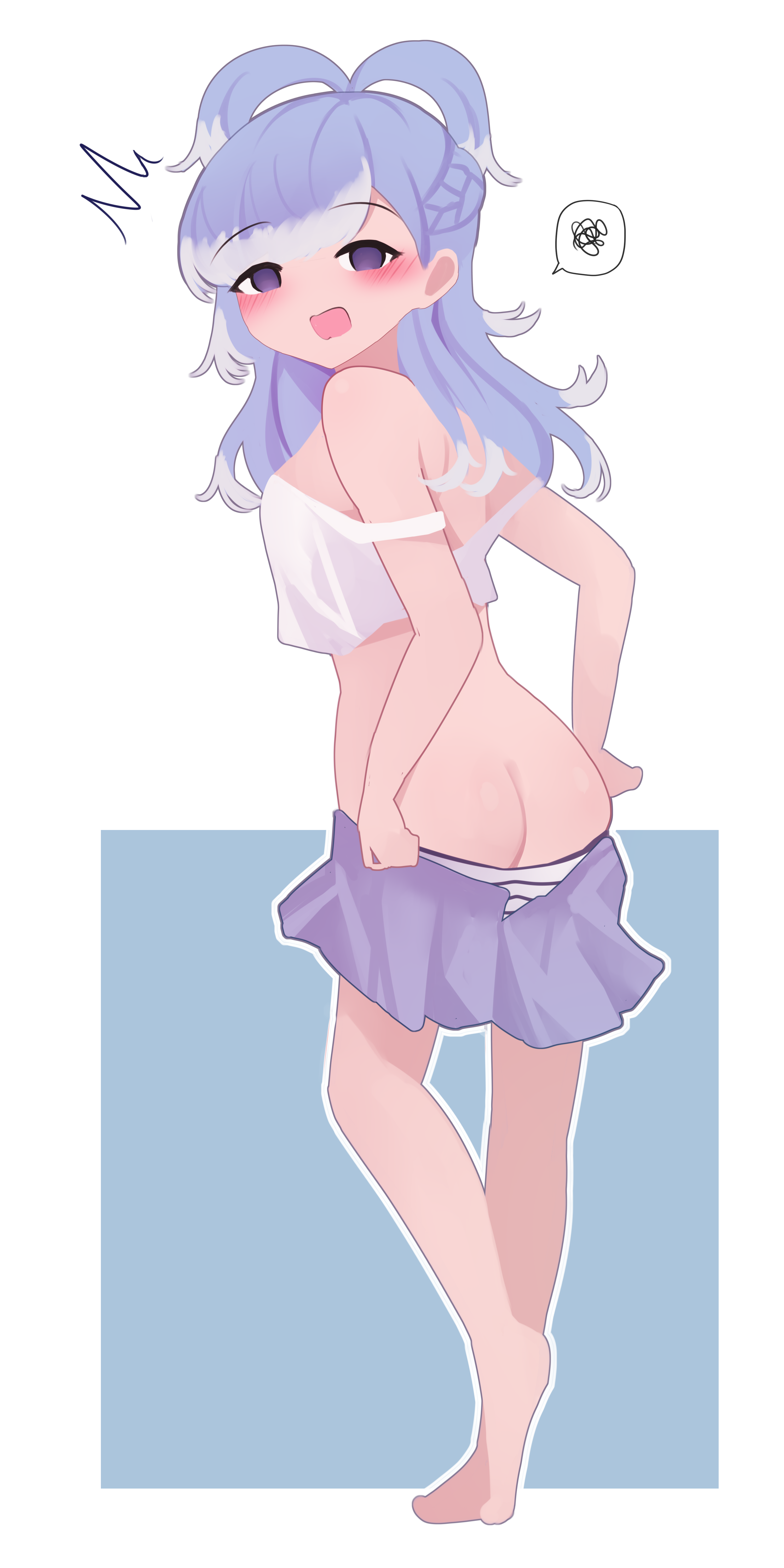 viqur, kobo kanaeru, hololive, hololive indonesia, absurdres, highres, 1girl, ass, blue eyes, blue hair, blush, breasts, looking at viewer, open mouth, partially undressed, pulling own clothes, skirt, small breasts, solo, surprised, undressing, white background