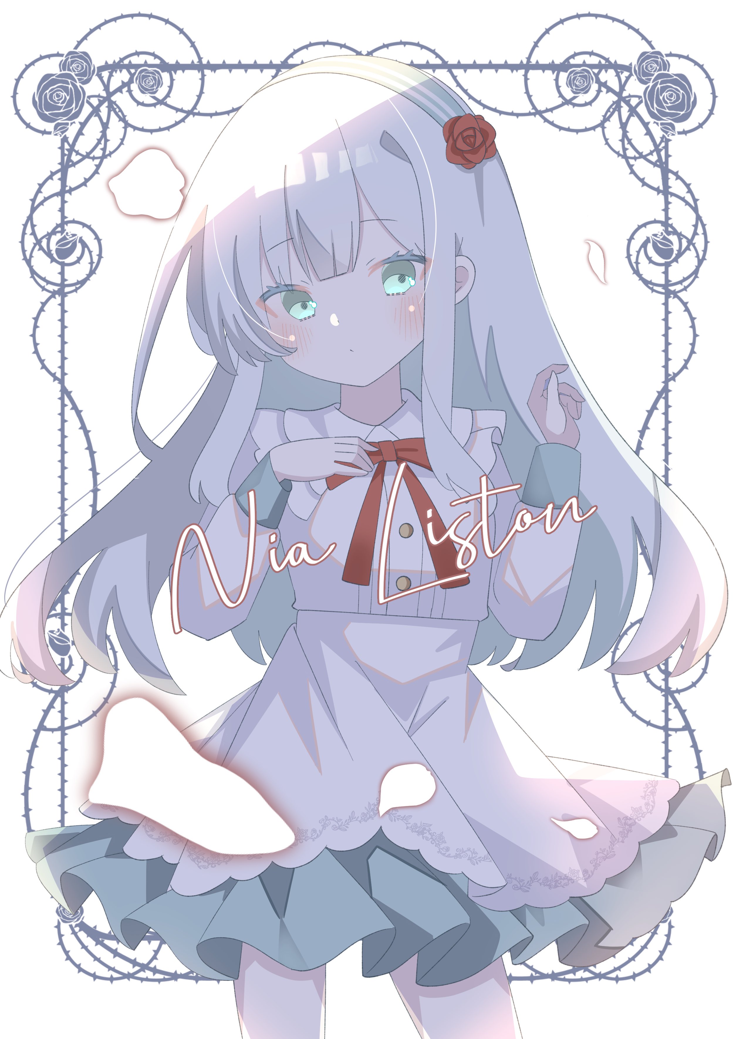 9ra4ki33, nia liston, kyouran reijou nia liston, absurdres, commentary, highres, 1girl, blunt bangs, blush, bow, bowtie, buttons, character name, closed mouth, colored eyelashes, colored inner hair, cowboy shot, eyelashes, flower, frown, green eyes, green hair, green hairband, green skirt, grey hair, hair flower, hair ornament, hairband, hands up, long hair, long sleeves, looking at viewer, medium skirt, multicolored hair, red bow, red bowtie, red flower, red rose, rose, shirt, sidelocks, simple background, skirt, solo, two-tone skirt, white background, white shirt, white skirt