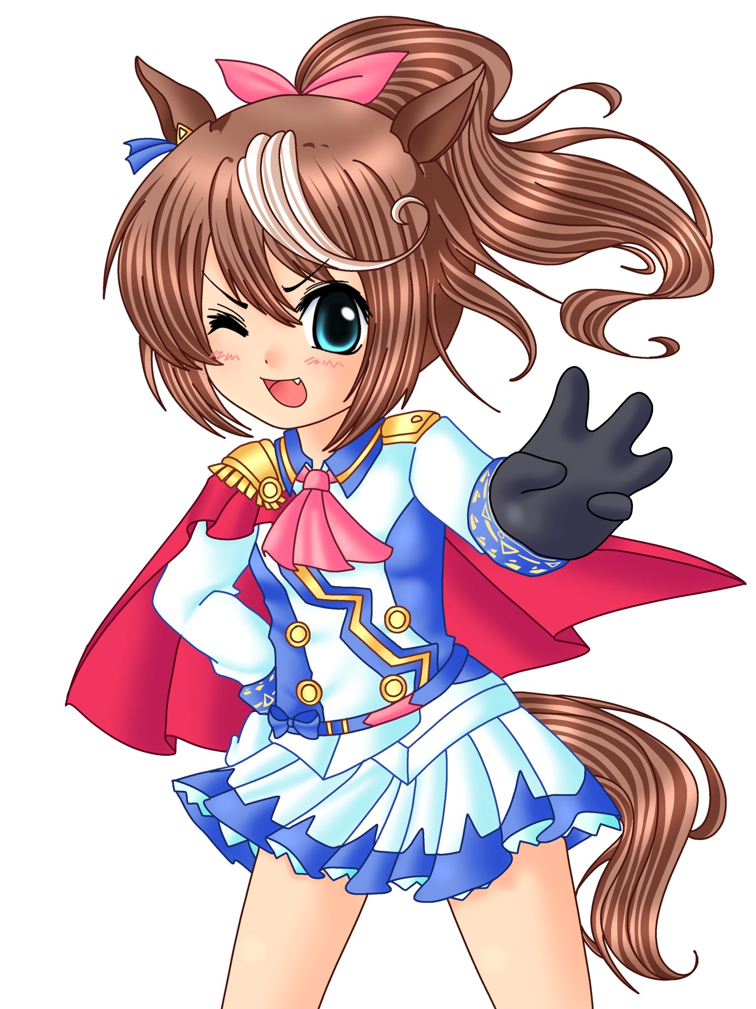 seacatscrying, tokai teio (peak joy) (umamusume), tokai teio (umamusume), umamusume, highres, 1girl, :d, animal ears, ascot, asymmetrical gloves, blue eyes, blue trim, blush, bow, capelet, cowboy shot, epaulettes, fang, gloves, hair bow, high ponytail, horse ears, horse girl, horse tail, long hair, looking at viewer, multicolored hair, one eye closed, open mouth, outstretched arm, pink ascot, pink bow, pleated skirt, ponytail, red capelet, ryukishi07 (style), simple background, single epaulette, skirt, smile, solo, streaked hair, tail, two-tone hair, white background