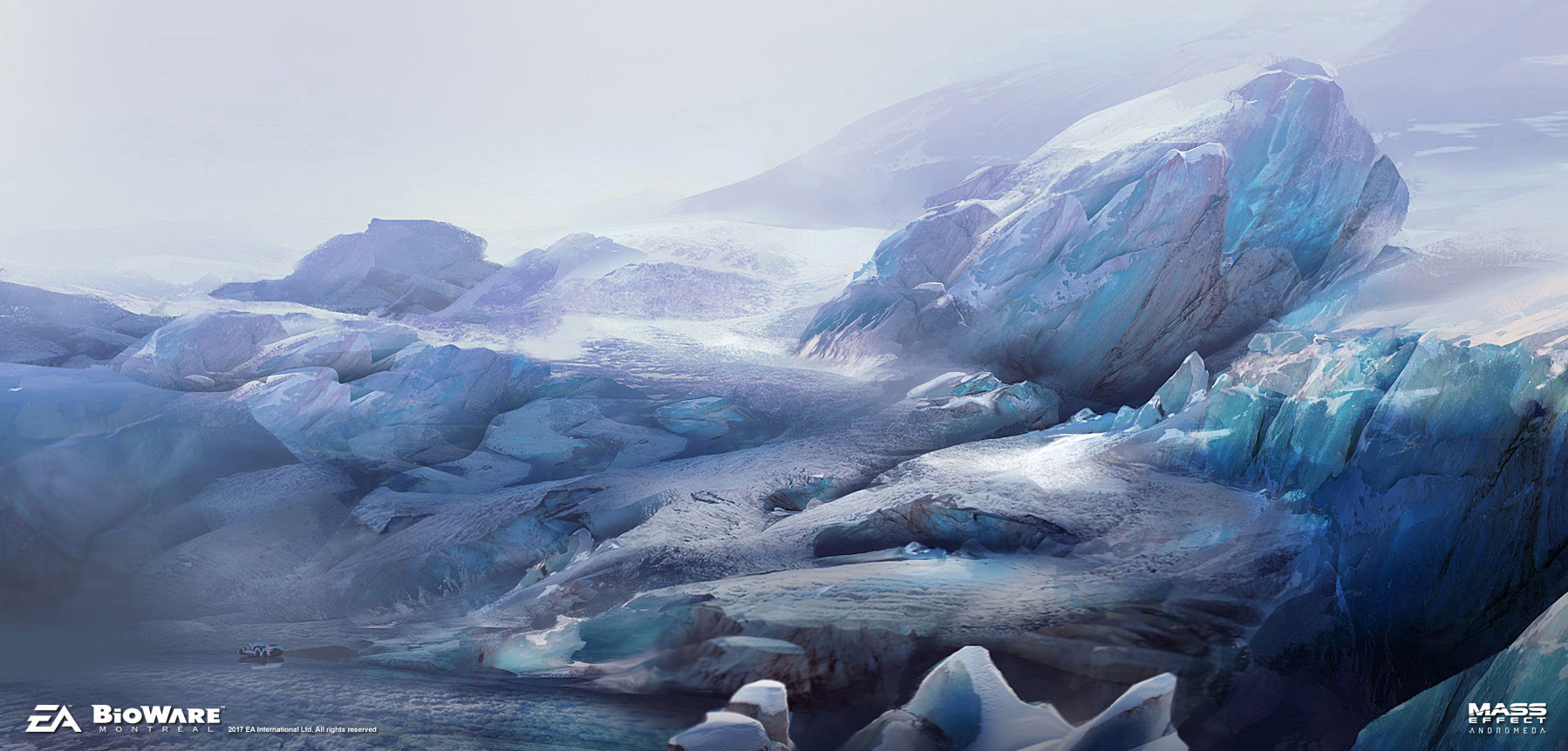 ben lo, mass effect (series), concept art, highres, blurry, day, depth of field, fog, ice, mountainous horizon, no humans, outdoors, painterly, planet, rock, scenery