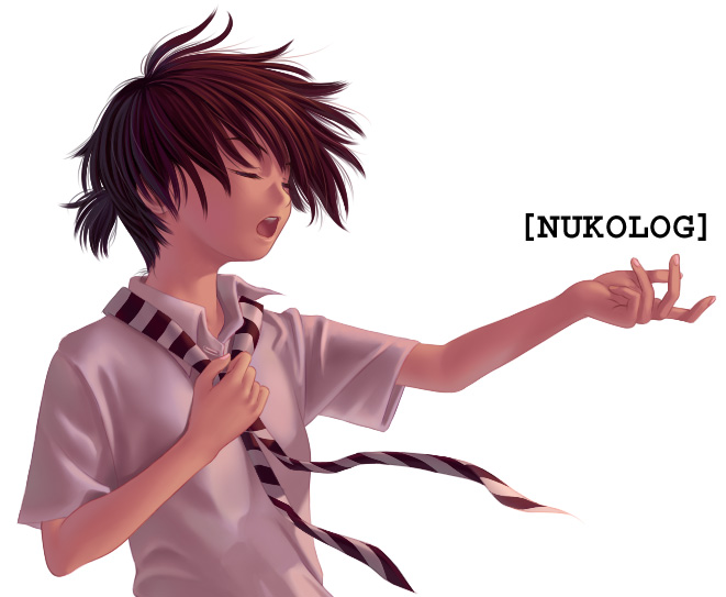 nekopuchi, kikuchi makoto, idolmaster, idolmaster (classic), idolmaster 1, 00s, antenna hair, brown hair, closed eyes, dress shirt, necktie, shirt, short hair, solo