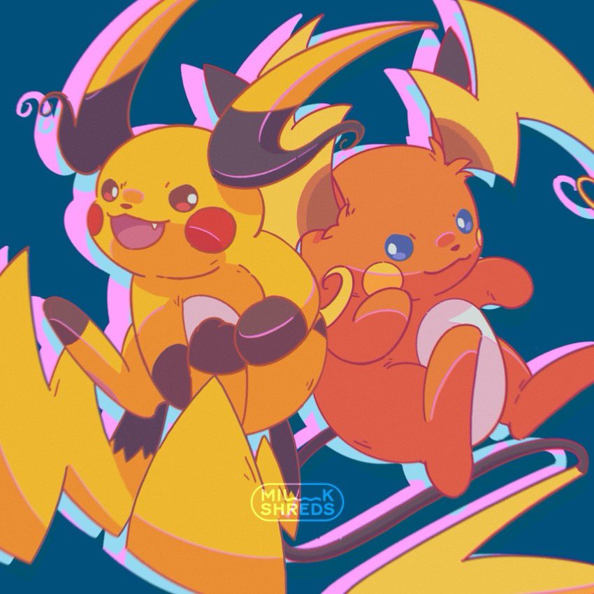 milkshreds, mega raichu x, mega raichu y, raichu, nintendo, pokemon, pokemon legends: z-a, :3, blue eyes, brown eyes, closed mouth, fang, gen 1 pokemon, mega pokemon, multiple tails, no humans, open mouth, orange fur, pokemon (creature), pokemon focus, red eyes, smile, tail, very long ears, very long tail, yellow fur