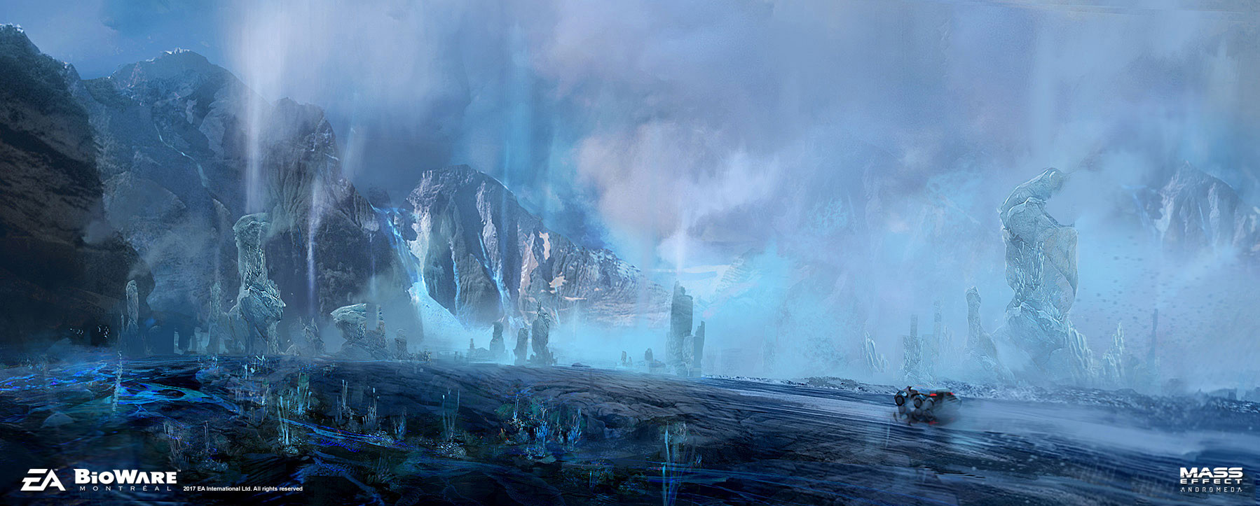 ben lo, mass effect (series), concept art, highres, blurry, depth of field, fog, frozen lake, geyser, ice, mountainous horizon, no humans, outdoors, painterly, reflective surface, river, scenery