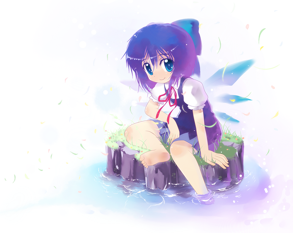 goriyaku, cirno, embodiment of scarlet devil, touhou, 1girl, barefoot, bow, feet, female focus, ribbon, short hair, sitting, smile, soaking feet, solo, water, wings