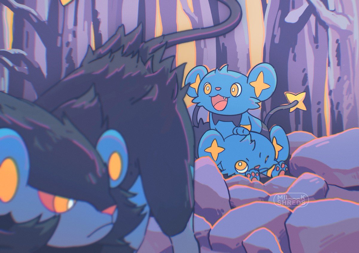 milkshreds, luxray, shinx, nintendo, pokemon, animal focus, black fur, blue fur, closed mouth, colored sclera, evolutionary line, fang, gen 4 pokemon, no humans, one eye closed, open mouth, outdoors, pokemon (creature), pokemon focus, red sclera, rock, snout, tail, tree, two-tone fur, yellow eyes