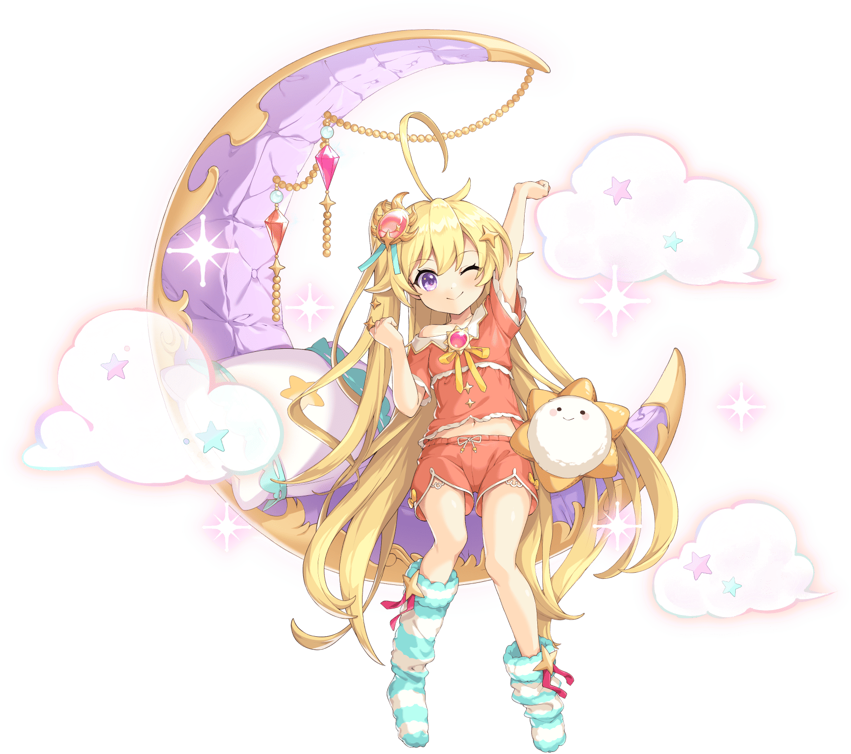 legend clover, artist request, game cg, highres, official art, third-party source, 1girl, ahoge, apollo (legend clover), arm up, breasts, clenched hand, cloud, crescent moon, four-pointed star, full body, hair ornament, huge ahoge, long hair, moon, navel, official alternate costume, one eye closed, pajamas, purple eyes, single bare shoulder, sitting, small breasts, smile, solo, star (symbol), star hair ornament, star in eye, symbol in eye, transparent background