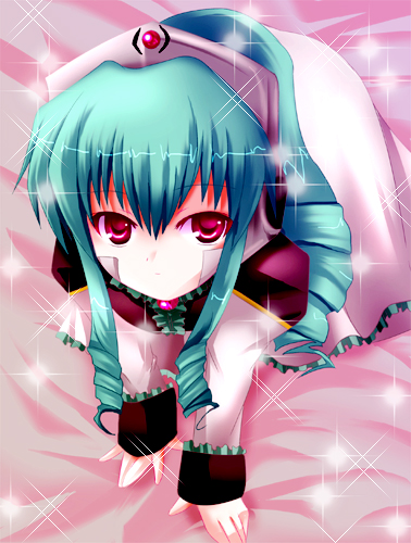 morimori (pixiv), vanilla h, broccoli (company), galaxy angel, lowres, 00s, 1girl, all fours, aqua hair, female focus, looking at viewer, red eyes, solo