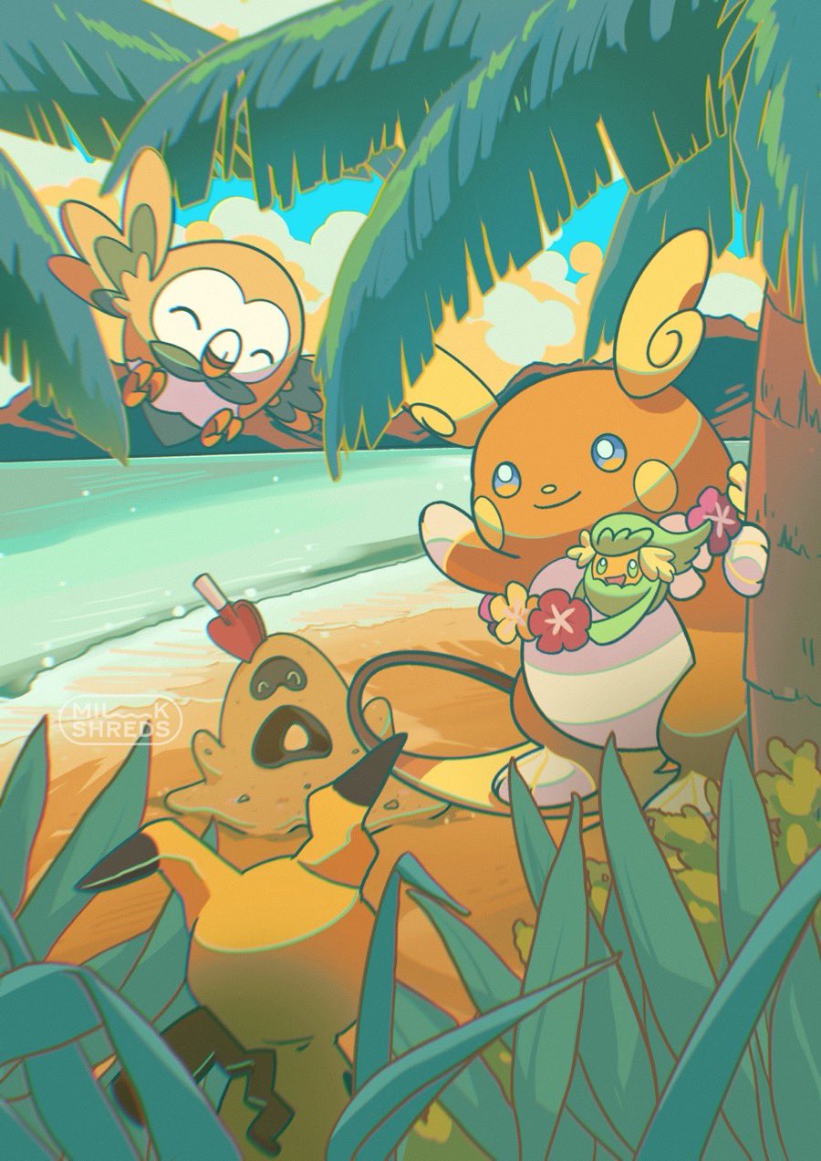 milkshreds, alolan raichu, comfey, mimikyu, palossand, nintendo, pokemon, highres, alolan form, animal focus, beach, blue eyes, closed eyes, closed mouth, cloud, flower, flower necklace, gen 7 pokemon, green eyes, jewelry, lei, necklace, no humans, ocean, open mouth, orange fur, orange shoes, outdoors, palm tree, pokemon (creature), sand, sand castle, sand sculpture, shoes, shovel, sky, smile, tree, trowel, water, waving