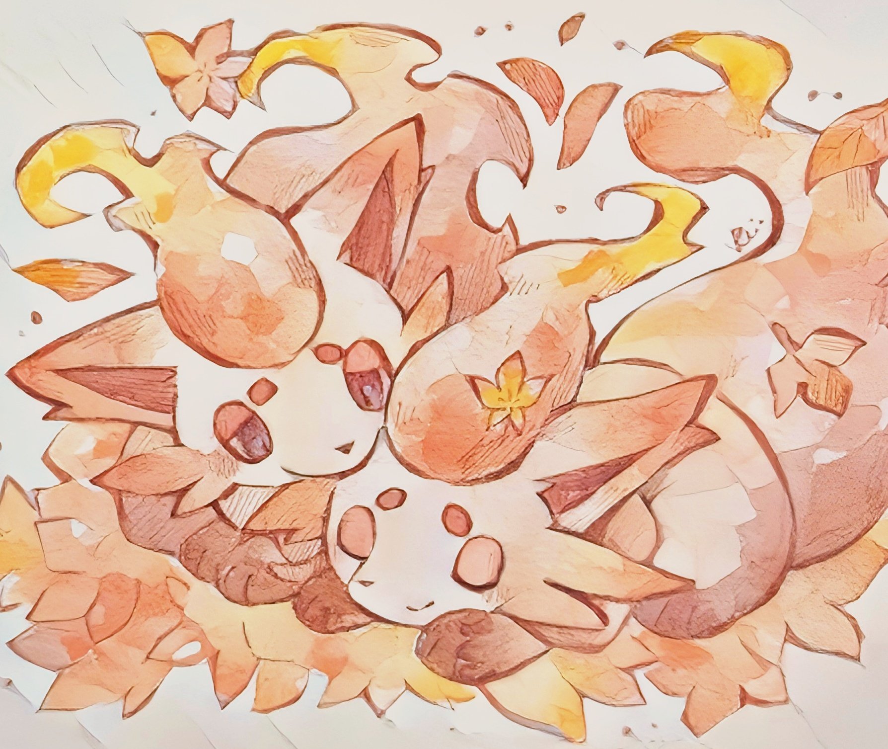rai (rai kw), hisuian zorua, nintendo, pokemon, highres, animal focus, autumn leaves, closed eyes, closed mouth, leaf, lying, no humans, on stomach, pokemon (creature), pokemon focus, red fur, smile, tail